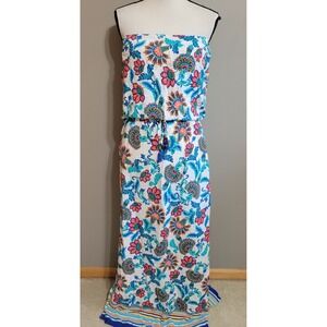 Floral Strapless Maxi Dress - White with Blue & Pink Floral